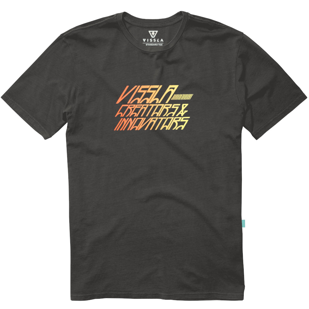 A black tee with graphic print on the front